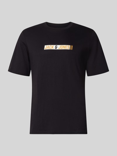 Produktfoto, Regular Fit T-Shirt mit Logo-Print Modell 'Munk' von JACK & JONES, Herren T-Shirt aus Reine Baumwolle, schwarze glatte Textur, Rückenlänge bei Größe M 74 cm, dezenter Logo-Print vorne
