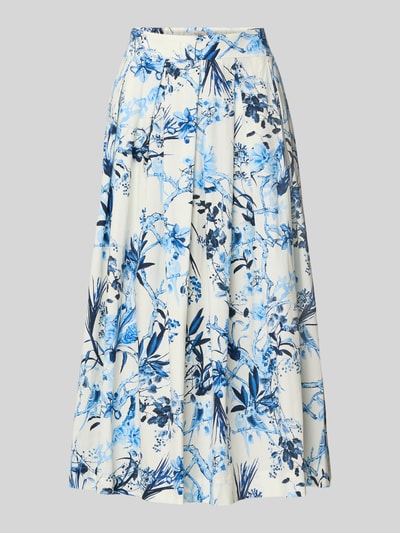 Produktfoto, Glockenrock mit elastischem Bund von ROBE LÉGÈRE, Damen Midirock in A-Linie aus Baumwoll-Mix mit Stretch-Anteil, weiß-blaues florales Muster