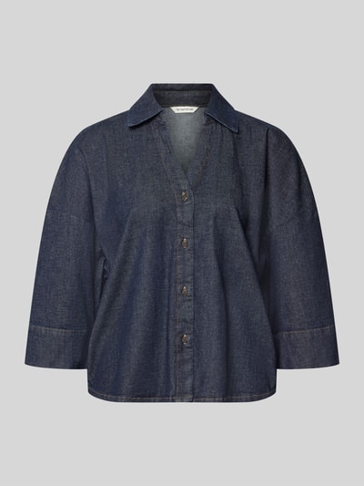 Produktfoto, Relaxed Fit Jeansbluse aus Baumwoll-Mix von Tom Tailor in dunklem Blau mit Knopfleiste und Kragen vor grauem Hintergrund
