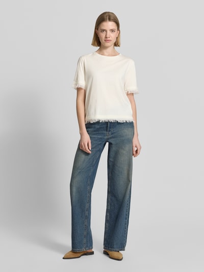 Marc Cain t-shirt z lnu z frędzlami Piaskowy 1