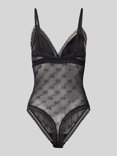 Produktfoto, schwarzer Skinny-Fit Body mit Allover-Muster Modell 'LACY BODYSUIT' von HUGO, Damen Body aus transparentem Material