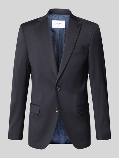 Produktfoto, Slim Fit 2-Knopf-Sakko mit Pattentaschen Modell 'Move Alesso' von DIGEL aus Schurwoll-Elasthan-Mix in klassischem Dunkelblau, glatte Oberfläche, mit Reverskragen, geeignet für Herren, Rückenlänge 74 cm, Schulterbreite 46 cm, Ärmellänge 67 cm.
