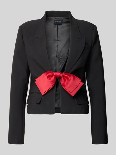 Produktfoto, Blazer mit Reverskragen Modell 'DILONE' von Bardot, Regular-Fit, Material-Mix mit Viskose-Anteil, schwarze Farbe, große rote Schleifen-Detail, Pattentaschen, Rückenlänge 53 cm bei Größe 36.