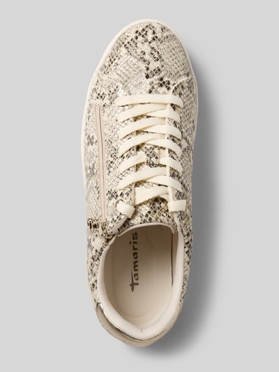 Produktfoto, Low Top Sneaker in Schlangenleder-Optik Modell 'Snake' von Tamaris mit runder Schuhspitze, Plateau, Label-Prägung, strukturierter Sohle, Schnürung und Reißverschluss, Lederoptik
