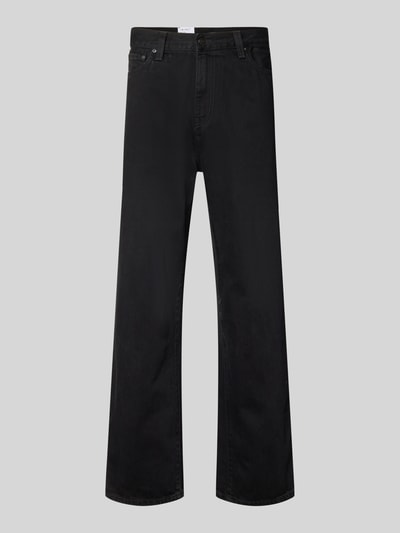 Produktfoto, Wide Fit Jeans im 5-Pocket-Design Modell 'Aaron' von Carhartt Work In Progress aus Reine Baumwolle, schwarze Farbe, sichtbare Knopf- und Reißverschluss, glatte Struktur, Bundweite bei Größe 32: 44 cm, Innenbeinlänge bei Größe 32: 80 cm