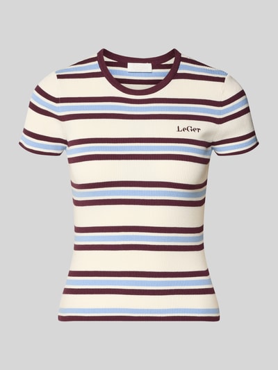 Produktfoto, damski t-shirt z mieszanki wiskozy marki LeGer by Lena Gercke, dopasowany krój, drobne prążkowanie, okrągły dekolt, wyhaftowane logo, długość tyłu w rozmiarze 36: 51 cm, model 'Danielle', paski w kolorach kremowym, bordowym i niebieskim