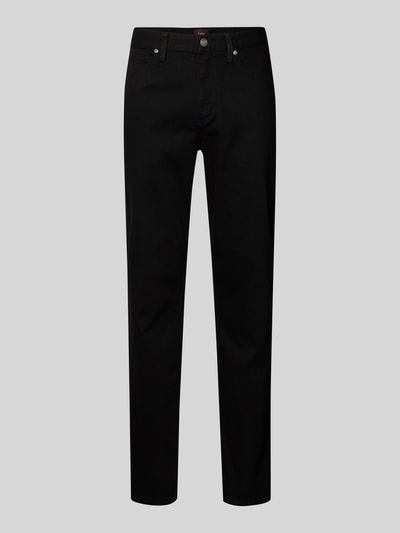 Produktfoto, schwarze Straight Fit Jeans im 5-Pocket-Design Modell 'WEST' von Lee aus Baumwoll-Mix mit Stretch, glatte Textur.
