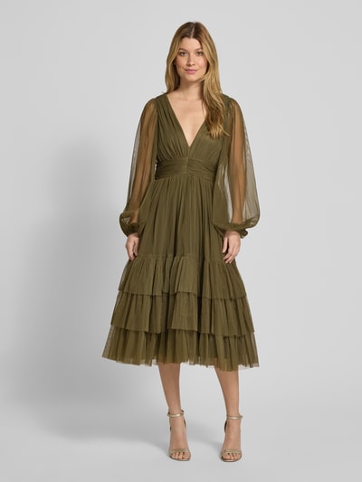 LACE & BEADS Cocktailkleid im Stufen-Look mit V-Ausschnitt Oliv 4
