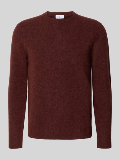 Produktfoto, brauner Wollpullover mit Yak-Anteil von Filippa K, elastischer Woll-Mix, gerader Schnitt, Rundhalsausschnitt, gerippte Abschlüsse, langärmliges Design