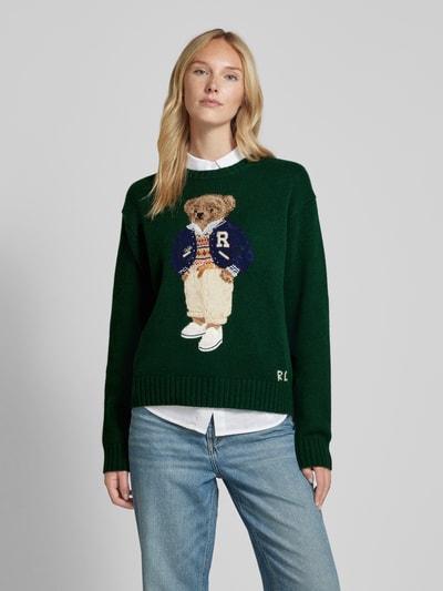 Polo Ralph Lauren Gebreide pullover met motiefstitching, model 'PREP BEAR' Donkergroen - 4