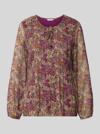 Produktfoto, Relaxed Fit Bluse mit Allover-Paisley-Print Modell 'Leonora' von ZABAIONE, beige und lila Farben, langärmelig, Zierschleife, Damen Bluse
