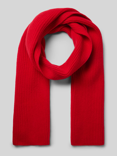 Produktfoto, Schal aus Baumwoll-Mix mit Kaschmir-Anteil von MYON, rechteckig, strickoptische Textur, leuchtend rot, Logo-Detail, Damenschal