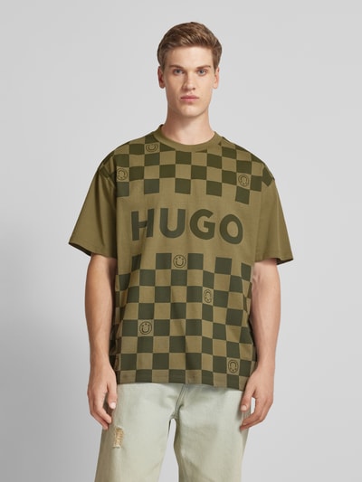 Hugo Blue T-shirt met labelprint, model 'Narliparo' Olijfgroen - 4