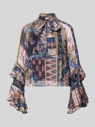 Produktfoto, Schluppenbluse aus Viskose mit Volants von Milano Italy, bunte Muster, Kimonoärmel, reine Viskose, gerader Schnitt
