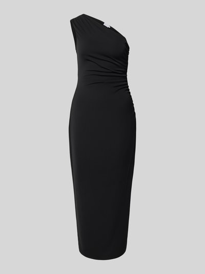 Produktfoto, Eng anliegendes Cocktailkleid mit One-Shoulder von Jake*s Cocktail in Schwarz mit glatter Textur vor grauem Hintergrund
