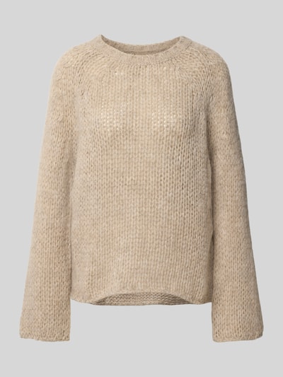 Produktfoto, Relaxed Fit Pullover mit Alpaka-Anteil von Juvia in beigefarbener Strick-Optik, semitransparent, Rundhalsausschnitt, weich texturiert