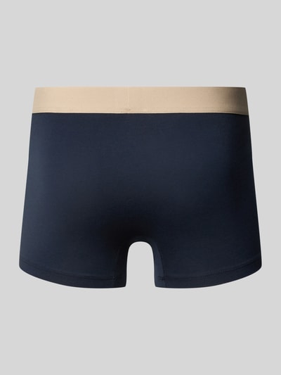 Produktfoto, Trunks aus Baumwoll-Mix im 5er-Pack von SCHIESSER, dunkelblau mit beigem elastischem Logo-Bund, eng anliegende Passform.