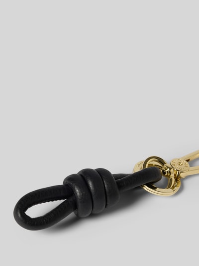 Produktfoto, sleutelhanger met knoopdetail van Abro, zwart leer, Karabijnhaak, Label in reliëf