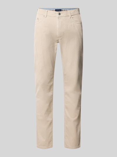 Produktfoto, Cordhose mit Eingrifftaschen von Christian Berg Men, Slim Fit, Baumwoll-Elasthan-Mix, beige, glatte Struktur, frontalansicht.