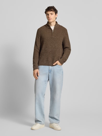 Only & Sons Regular fit schipperstrui met korte ritssluiting, model 'JOIN' Middenbruin - 1