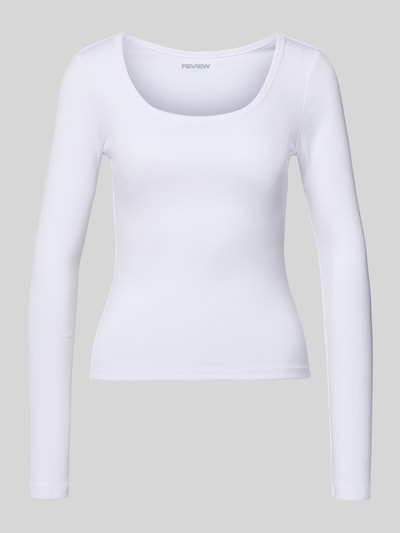 Produktfoto, Slim Fit Longsleeve mit tiefen Rundhalsausschnitt von REVIEW, bluzka z długim rękawem z mieszanki bawełny, krój slim fit, głęboki dekolt, fakturowany wzór, długość tyłu w rozmiarze S: 50 cm