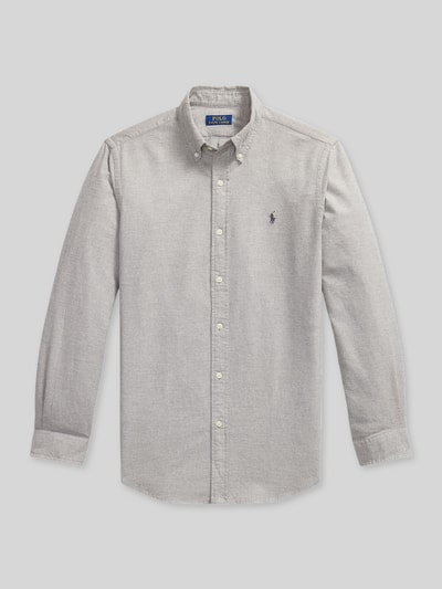 Produktfoto, grau-meliertes Custom Fit Freizeithemd aus reiner Baumwolle von Polo Ralph Lauren, weiße Knöpfe, glatte Textur.