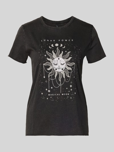 Produktfoto, Regular Fit T-Shirt aus reiner Baumwolle Modell 'LUCY' von ONLY, czarny jednokolorowy, nadruk z motywem, okrągły dekolt, krótki rękaw, zrolowane brzegi, dżersej, bawełna