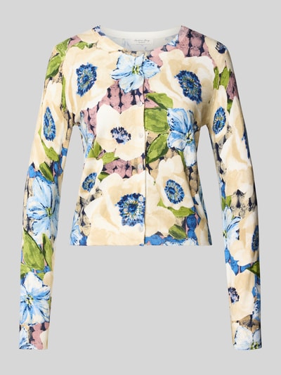 Produktfoto, Strickjacke aus Viskose-Mix mit Rundhalsausschnitt von Christian Berg Woman, Regular-Fit, Allover-Look, Knopfleiste, florale Muster in Blau, Beige, Grün und Lila, Rückenlänge 43 cm, Ärmellänge 60 cm, Größe S, feine Textur