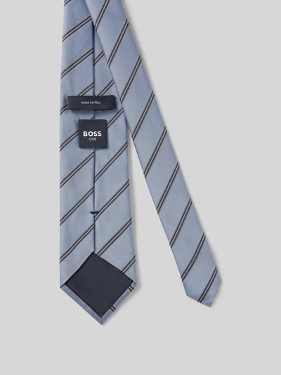 Produktfoto, hellblaue Krawatte aus reiner Seide Modell 'H-Tie 8 CM-ONE' von BOSS mit feinen Streifen, glatte Textur, Herren Krawatte von BOSS