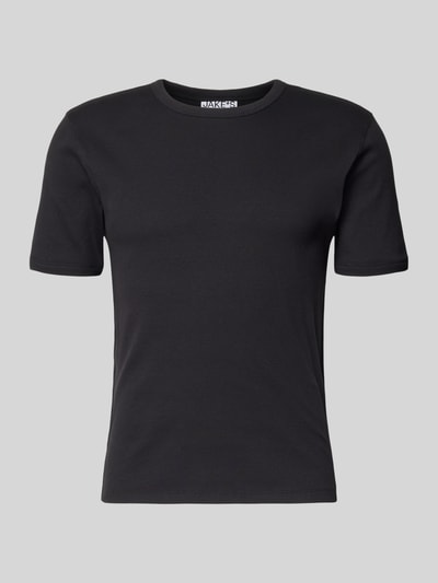 Produktfoto, schwarzes T-Shirt in Ripp-Optik mit Rundhalsausschnitt aus Baumwoll-Elasthan-Mix, Slim-Fit, von Jake*s Studio Men, Rückenlänge 56 cm bei Größe M