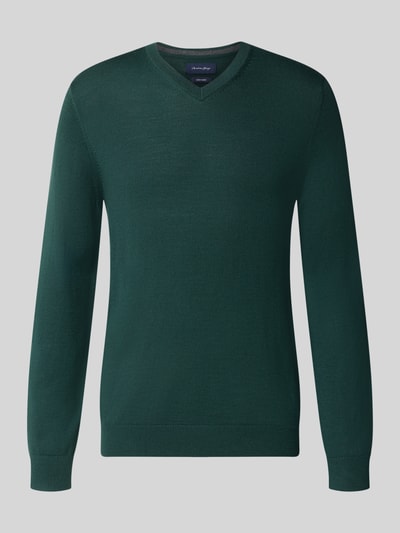 Productfoto, Strickpullover aus Woll-Mix mit V-Ausschnitt van Christian Berg Men, heren, wolmix, regular fit, v-hals, ribboorden, donkergroen
