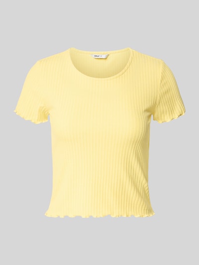 Produktfoto, Slim Fit T-Shirt mit Viskose-Anteil Modell 'EMMA' von Only, żółty, jednolity kolor, prążkowana faktura, okrągły dekolt, krótki rękaw, wykończenie falbaną, dzianina typu jacquard stretch, materiał z domieszką wiskozy