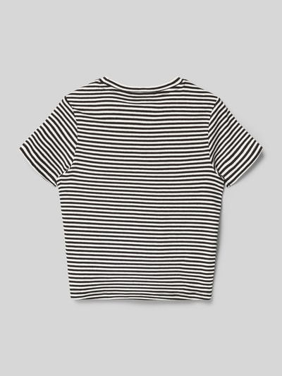 Produktfoto, T-Shirt in Ripp-Optik mit Rundhalsausschnitt von Garcia, schwarz-weiß gestreift, Regular Fit, Baumwoll-Elasthan-Mix, Label-Detail.