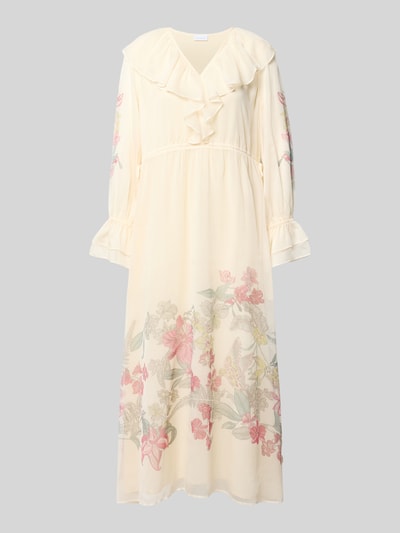Produktfoto, Maxikleid mit Rüschenärmeln von Comma aus Chiffon, florales Muster, taillierter Schnitt, V-Ausschnitt mit Volant, cremefarben