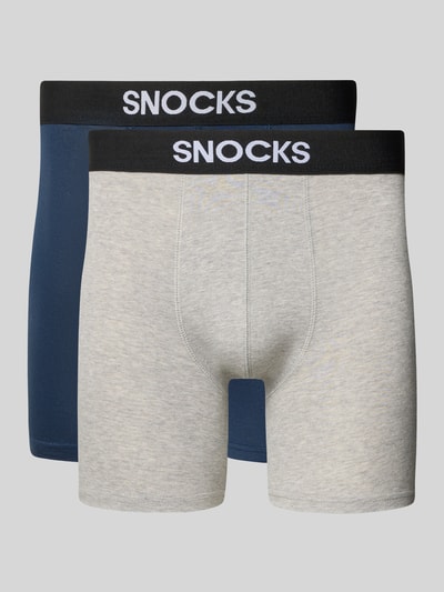 Produktfoto, Boxershorts mit elastischem Label-Bund von Snocks in Blau und Grau, aus Gewachste-Baumwolle-Mix mit Stretch-Anteil, eng anliegender Schnitt, Inside-Out-Nähte, glatte und weiche Textur