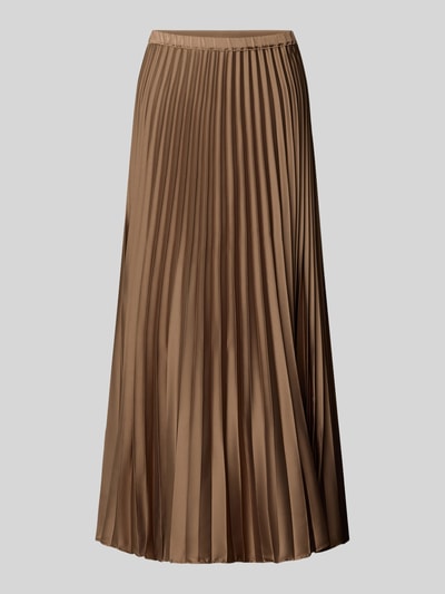 Produktfoto, spódnica midi w kolorze brązowym z połyskiem, elastyczna mieszanka materiałów, Linia a, plisowana faktura, Model 'ASTRALE' od EMME, szerokość w rozmiarze 36: 38 cm, całkowita długość: 92 cm