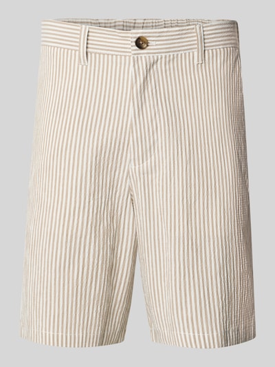 Produktfoto, Regular Fit Bermudas aus Baumwoll-Mix Modell 'KARL' von SELECTED HOMME, beżowo-białe paski, seersucker, kieszenie, elastyczny pas