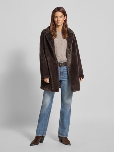 WHITE LABEL Lange jas met imitatiebont Donkerbruin - 1