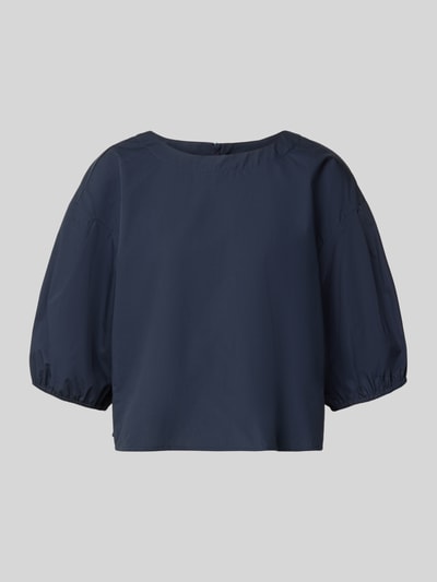 Produktfoto, Bluse mit Ballonärmeln und Rundhalsausschnitt von Emporio Armani aus reiner Baumwolle im Loose-Fit, dunkelblau, glatte Textur.