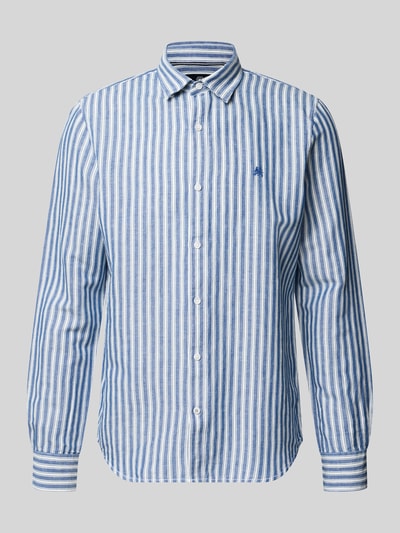 Produktfoto, Regular Fit Freizeithemd aus Leinen-Mix mit Kentkragen von Lerros, blau-weiß gestreift, Baumwoll-Leinen-Mix, Knopfleiste, Logo-Stitching, Sportmanschetten, Rückenlänge 75 cm, Schulterbreite 40 cm, Ärmellänge 68 cm.