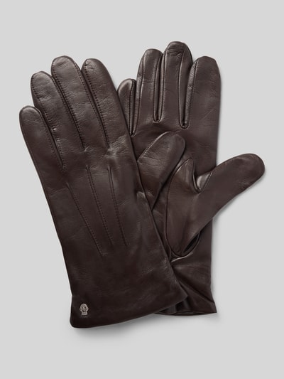 Produktfoto, Lederhandschuhe aus echtem Leder Modell 'Dover' von Roeckl in Dunkelbraun, Kaschmir-Mix-Futter, drei Aufnähte, metallic Label-Detail, glatte und leichte Struktur