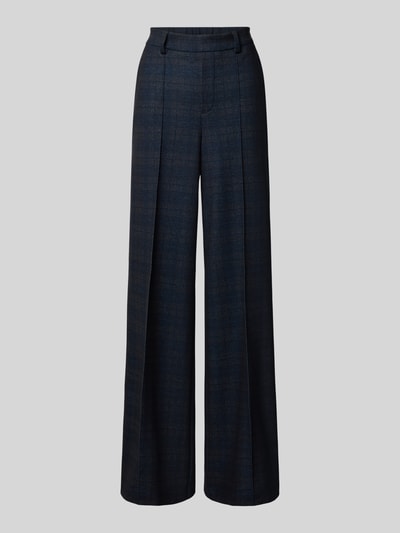 Produktfoto, szerokie spodnie z domieszką wiskozy Wide Fit Hose mit Viskose-Anteil od Oui, elastyczna mieszanka, ozdobne szwy, tylne kieszenie, zapięcie na haftkę i zamek, szerokość w rozmiarze 36: 39 cm, długość nogawki od wewnątrz w rozmiarze 36: 80 cm, ciemnoniebieski melanż, proste nogawki, wyrazista struktura tkaniny