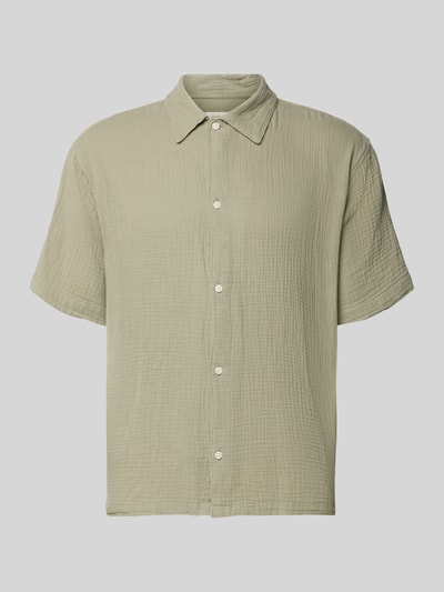 Produktfoto, Regular Fit Freizeithemd mit Kentkragen von Jack & Jones in hellem Grün, reine Baumwolle, Knopfleiste, 1/2-Arm, strukturierte Oberfläche