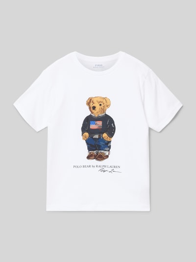Produktfoto, Regular Fit T-Shirt aus reiner Baumwolle von Polo Ralph Lauren Teens in Weiß, Motiv-Print und Label-Schriftzug, Rundhals, kurzarm, Feinripp-Optik