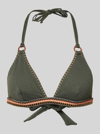 Produktfoto, zielone Bikini-Oberteil mit Schnürung Modell 'WAKO SANTANY' von Banana Moon, mieszanka materiałów z dodatkiem streczu, dopasowany krój, wiązanie na szyi.