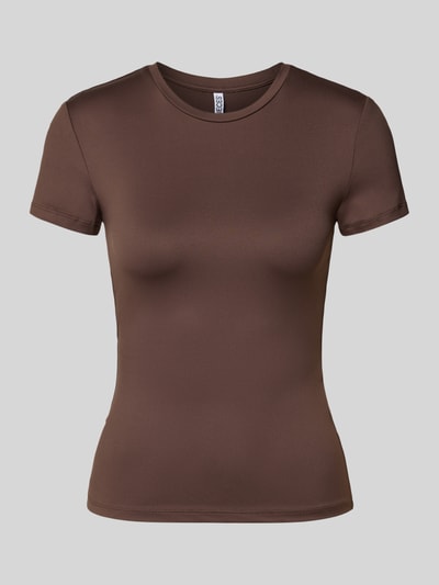 Productfoto, bruin slim fit t-shirt met ronde hals model 'LULA' van PIECES, effen kleur, gladde textuur, Dames t-shirt