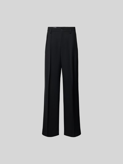 Produktfoto, Wide Fit Stoffhose aus Woll-Mix von Filippa K in Schwarz mit Kellerfalten, Gesäßtaschen, Knopf-Reißverschluss, glatte Oberfläche.