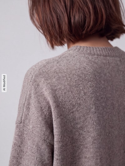 Vrouwenmodel draagt oversized pullover met wol model 'BOOM' van VERO MODA in gemêleerd beige, zachte textuur, detailopname, KI-modificeerd beeld