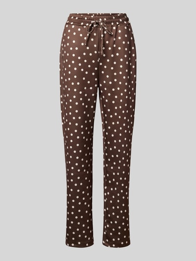 Produktfoto, Straight Fit Stoffhose aus elastischem Material-Mix von ZABAIONE in Braun mit weißen Punkten, elastischer Bund mit Tunnelzug, seitliche Eingrifftaschen, glatte Textur, Damen Stoffhose, Punkte-Muster
