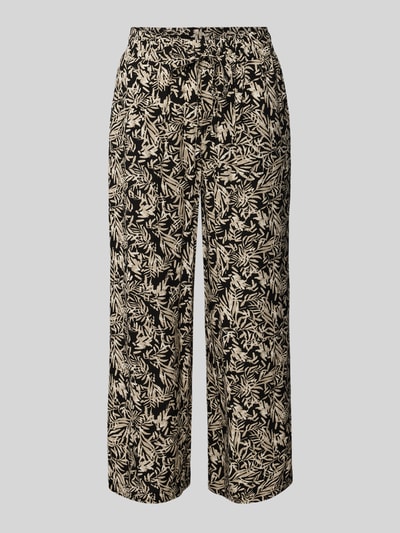 Produktfoto, Straight Fit Stoffhose aus reiner Viskose-Mix Modell 'Faye' von Soyaconcept mit floraler Allover-Print, elastischem Bund mit Tunnelzug, verkürzte Passform, schwarz-beige, Damen Stoffhose, Bundweite 37 cm, Innenbeinlänge 64 cm, weiche Textur